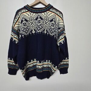 Dale Of Norway Men Nordic Pattern Knit Sweater Thick Wool Navy Blue‎ Sz Large